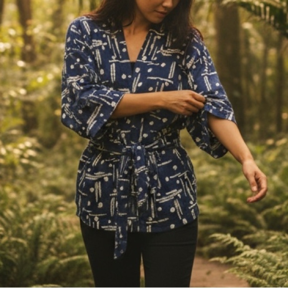 Vintage 80s Abstract Print Blue Kimono Maggie Lawrence Cardigan Womens Medium